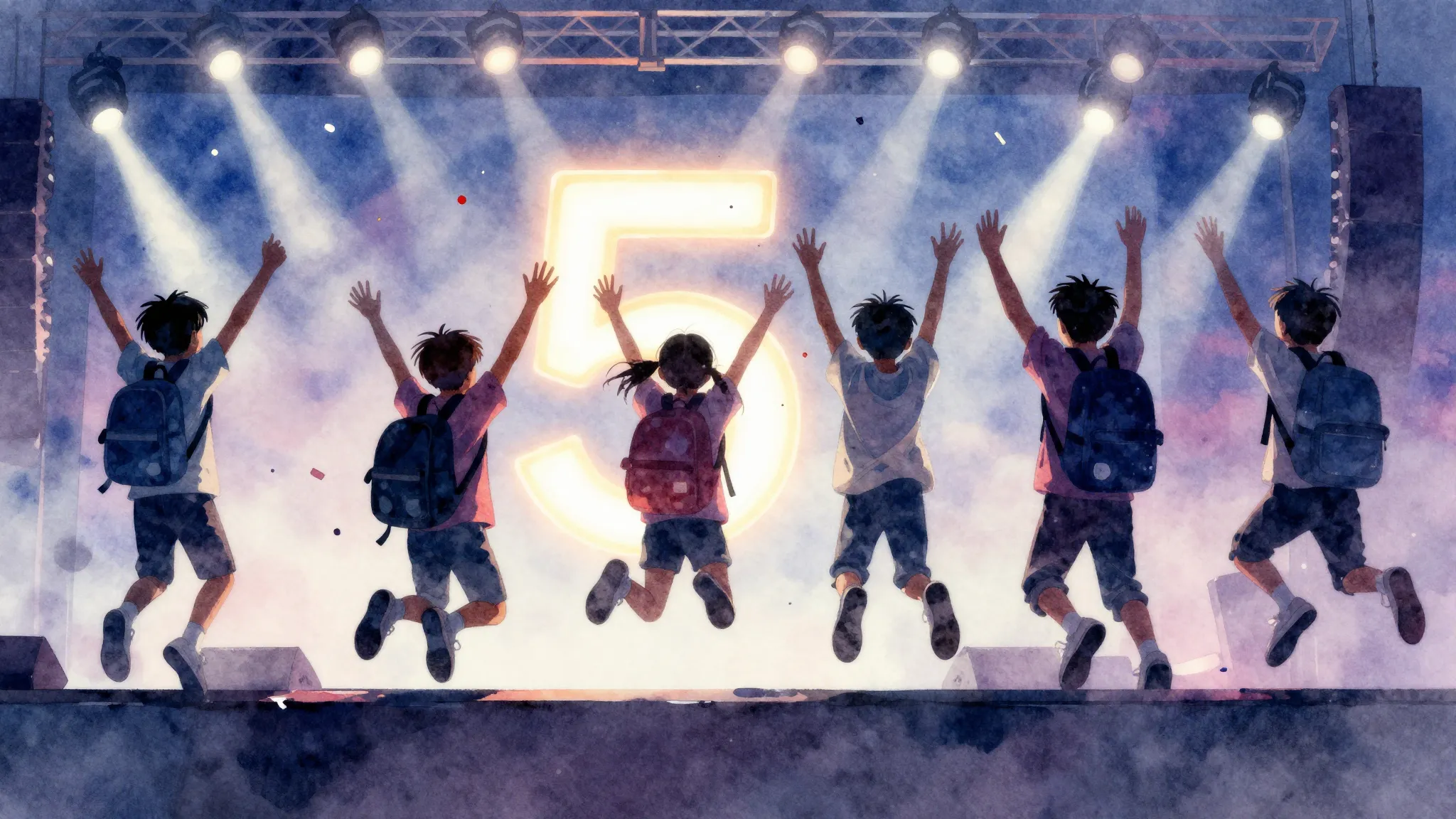 Watercolor style. Silhouettes of children with backpacks jum...
