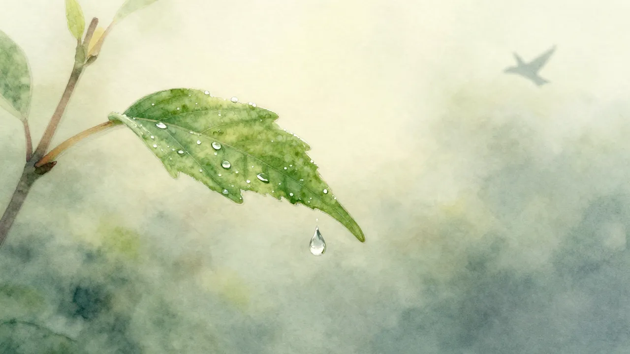 Watercolor style. A single drop of rain falling on a green l...
