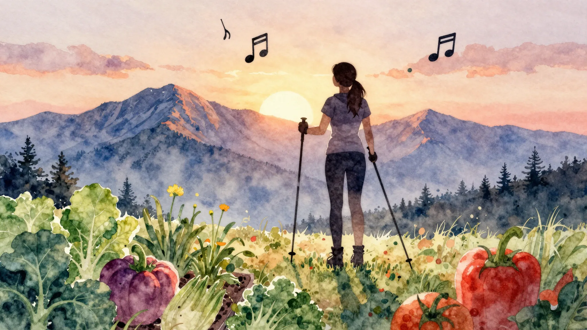 Watercolor style. A silhouette of a woman with ski poles sta...