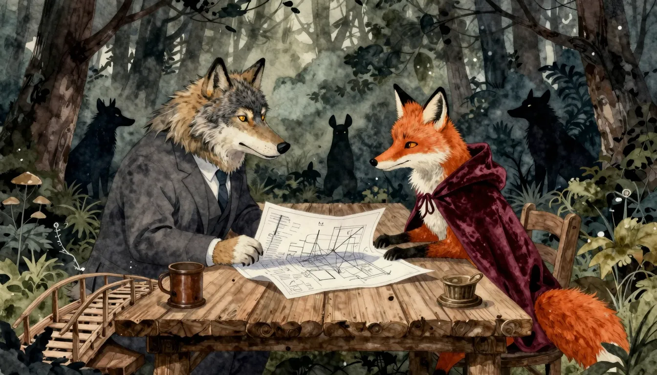 Watercolor style. A fat wolf in a suit and a sly fox in a ve...