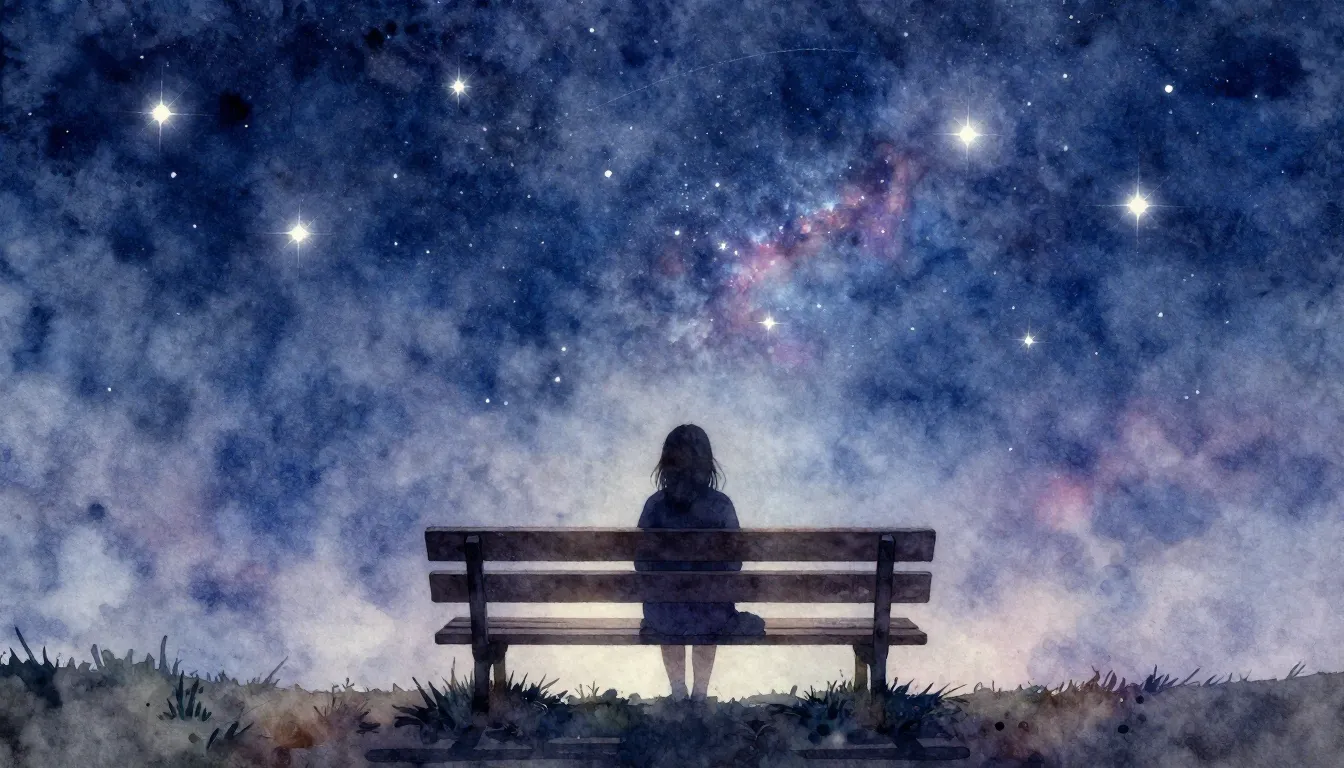 Watercolor style. A lonely wooden bench under a vast starry ...