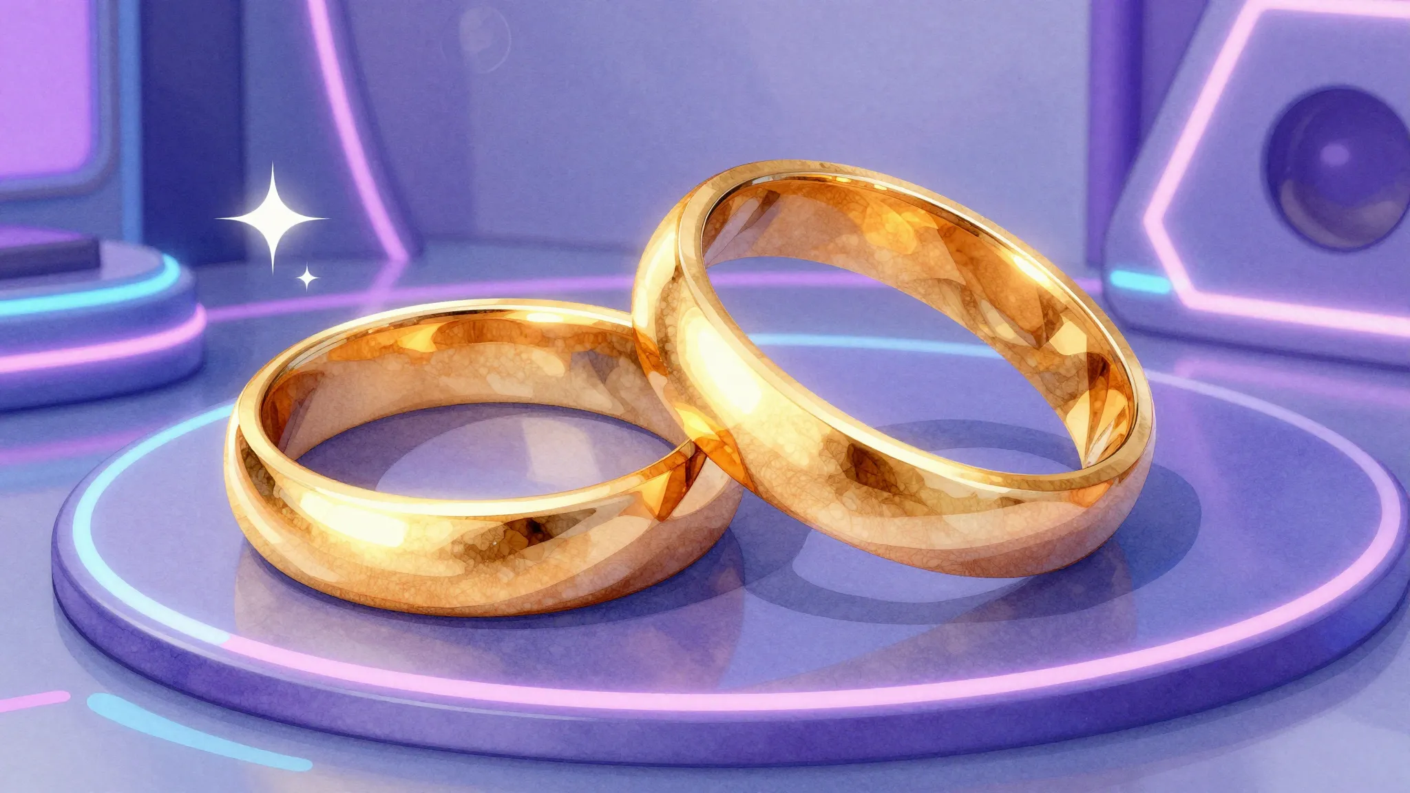 Watercolor style. Two golden wedding rings glowing on a futu...