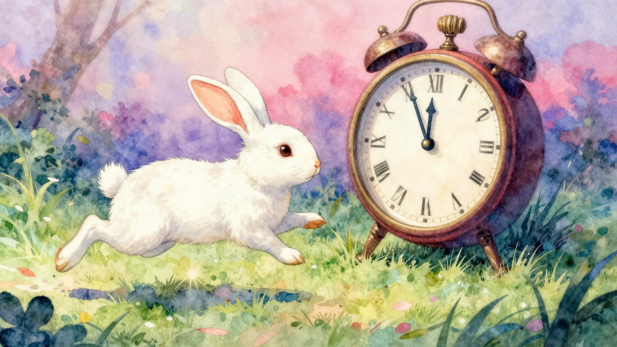 Vibrant watercolor style. White rabbit running, clock, Wonde...