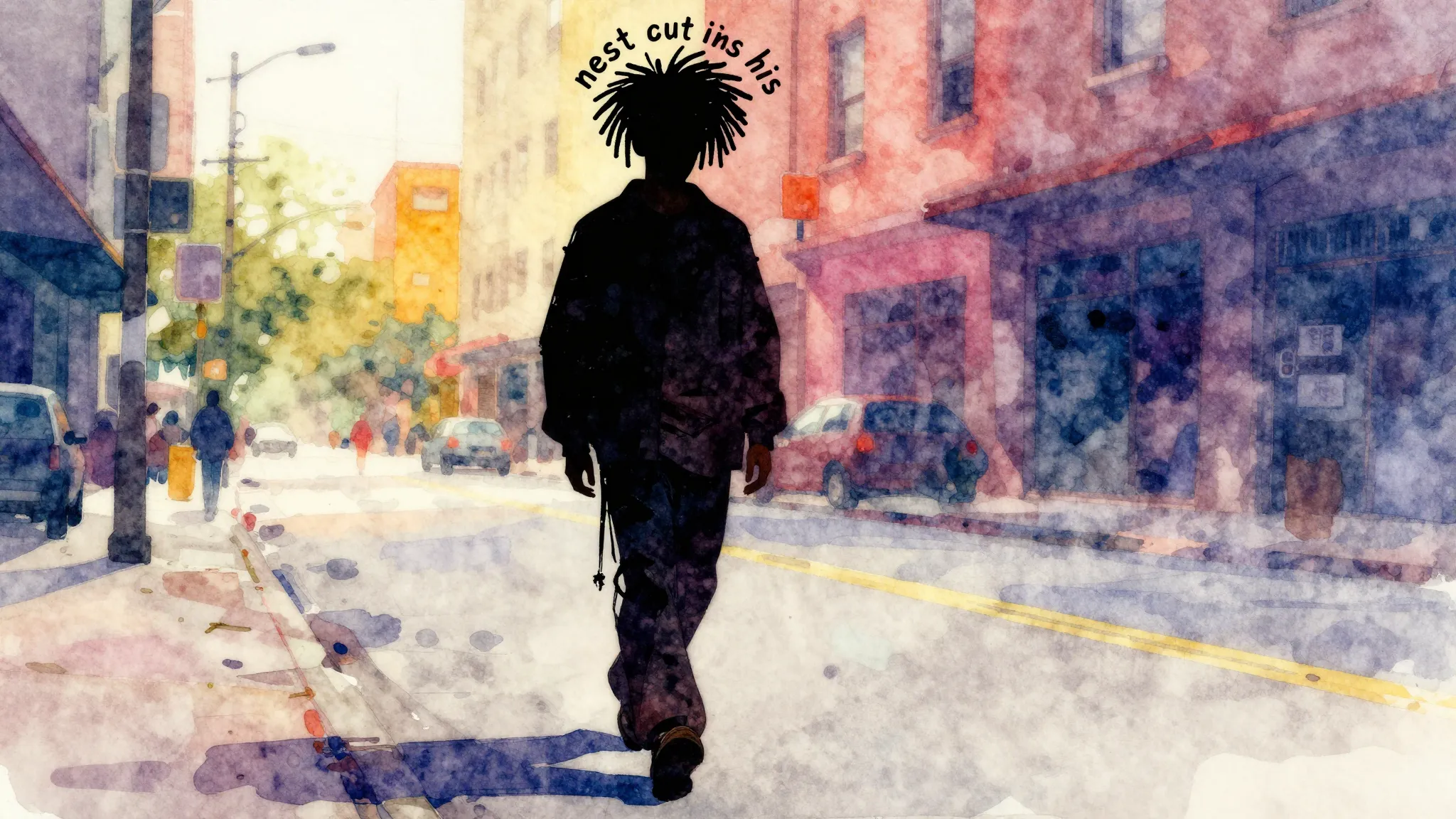 Vibrant watercolor style. Hip-hop album cover. Stylized silh...