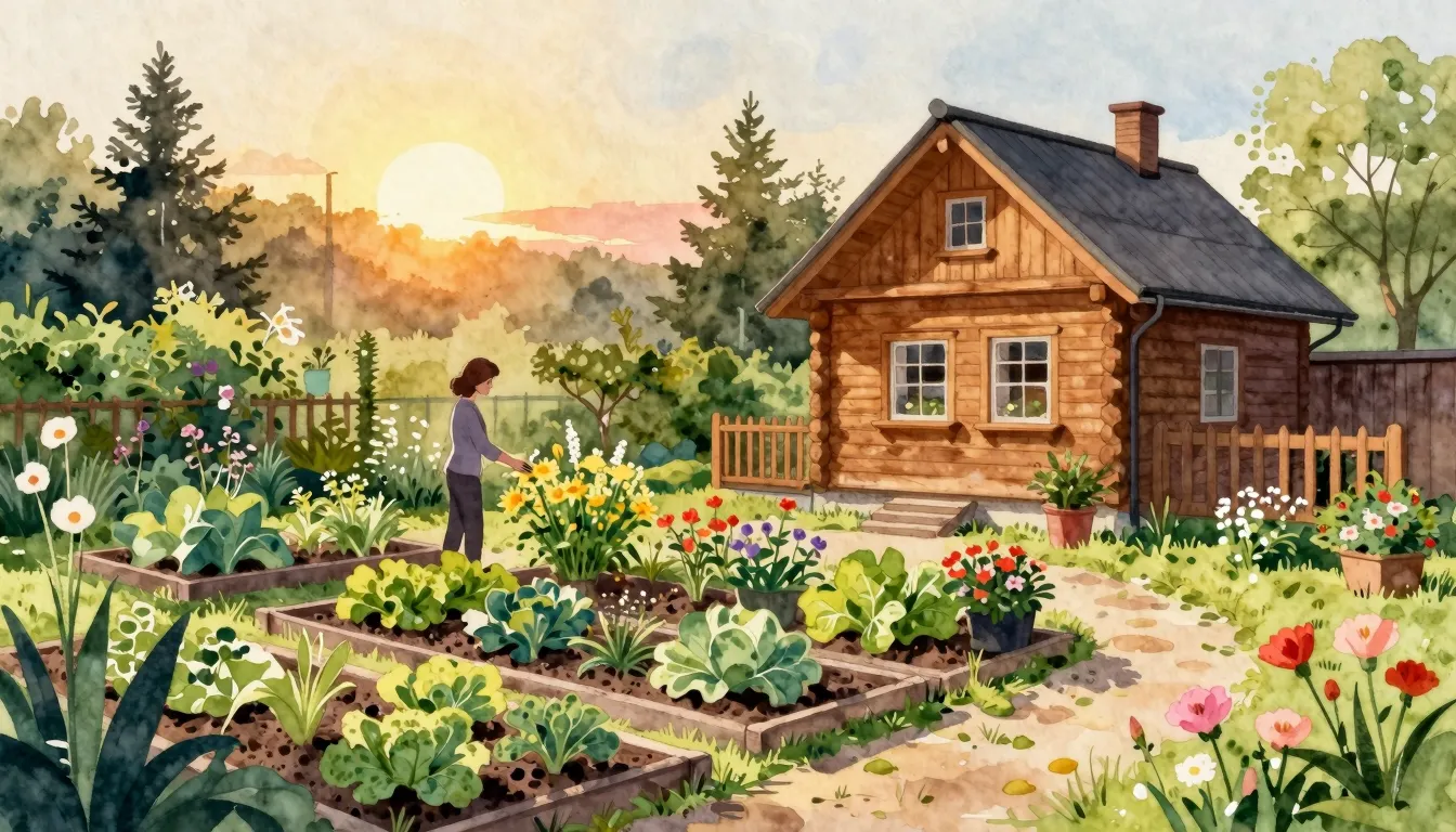 Watercolor style. A beautiful summer garden (dacha) with nea...