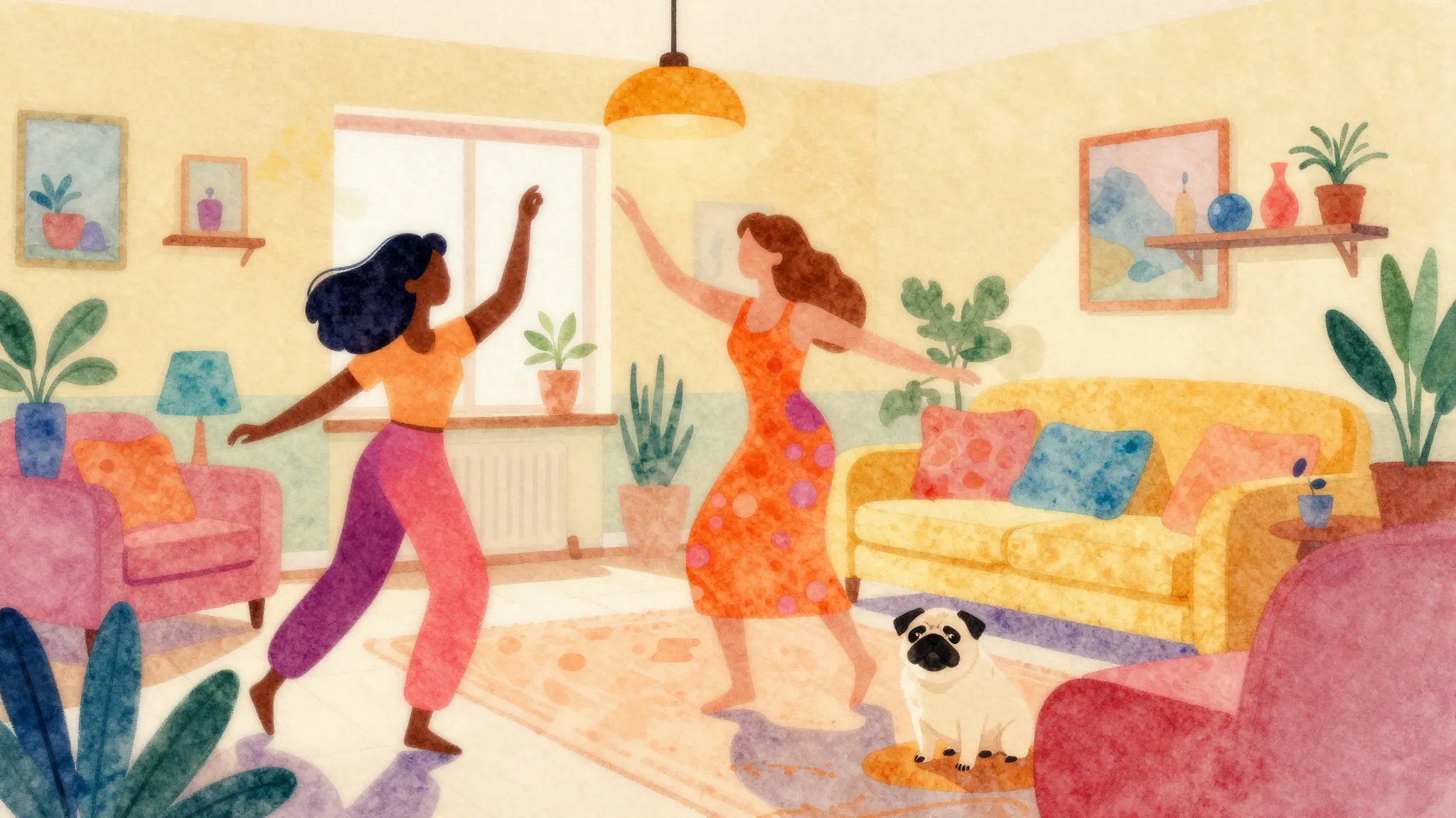 Vibrant watercolor style. Vibrant, playful dance song cover....