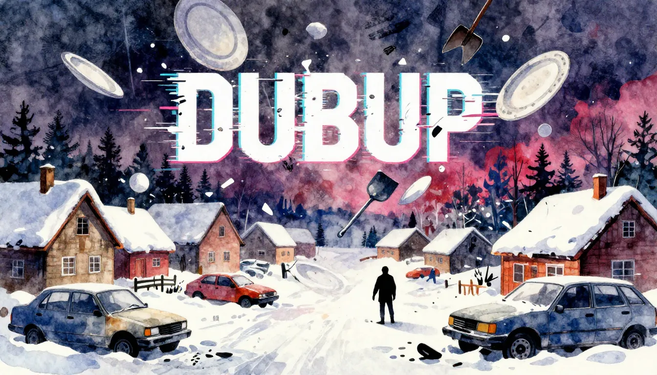 Vibrant watercolor style. Dubstep album cover. Snowy village...