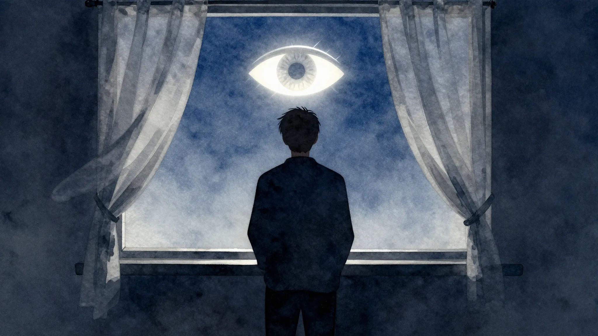 Watercolor style. A dark silhouette of a person standing by ...