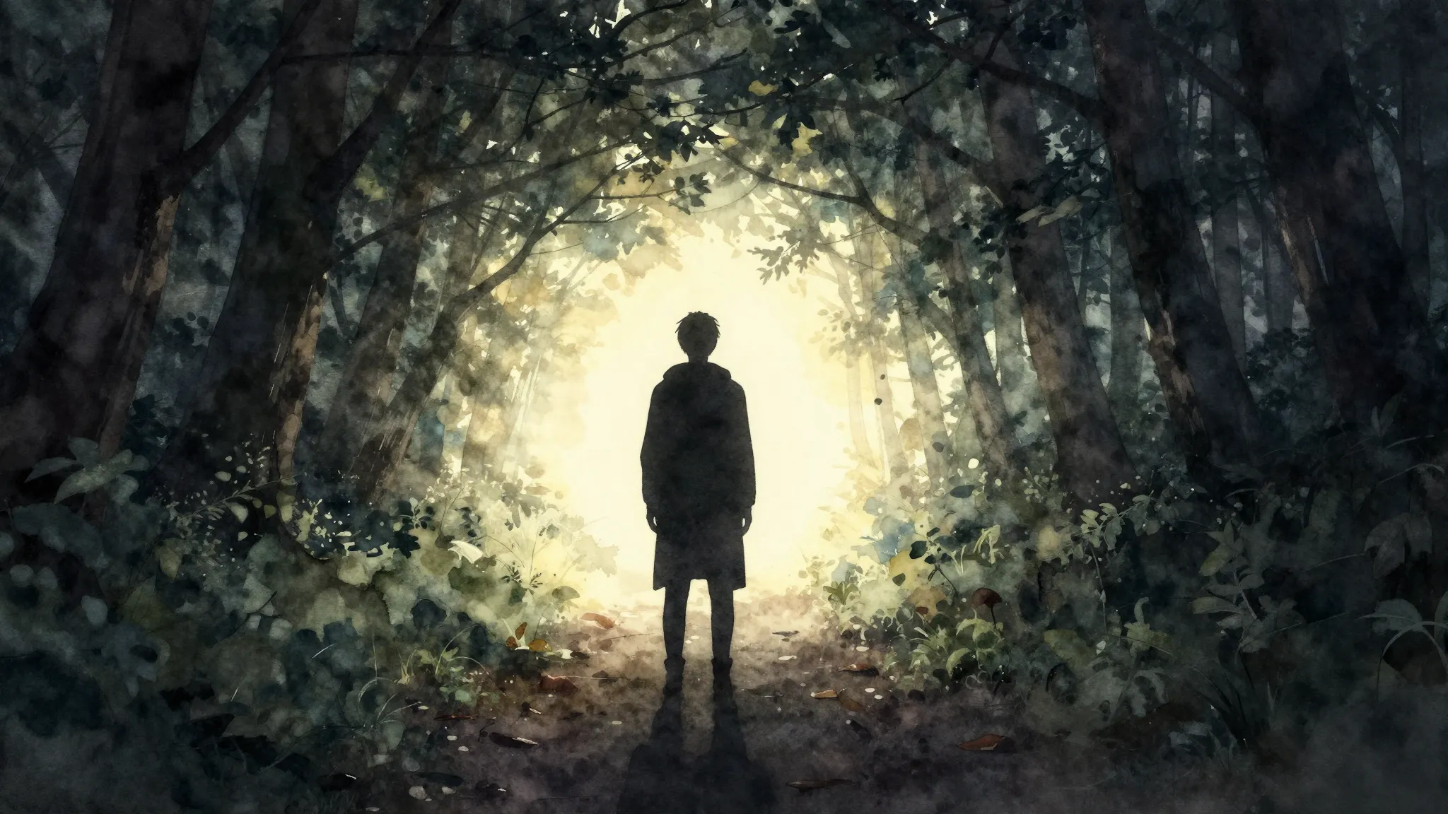 Watercolor style. Silhouette of a lonely figure standing bef...