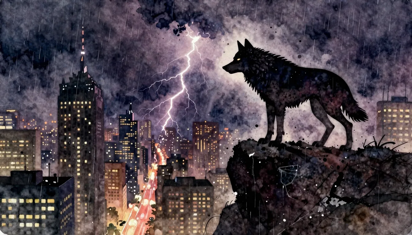 Vibrant watercolor style. Dark, gritty rock album cover. A l...
