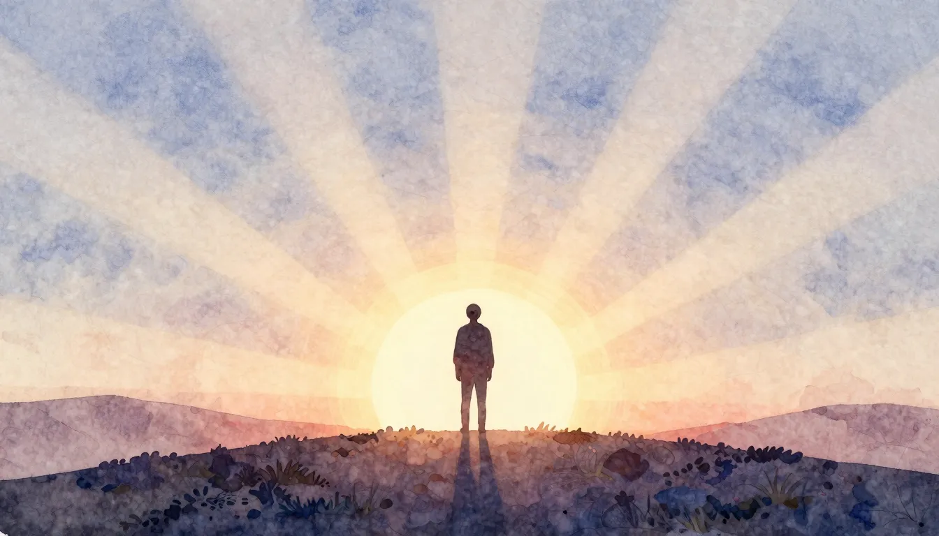 Watercolor style. A silhouette of a person standing on a hil...