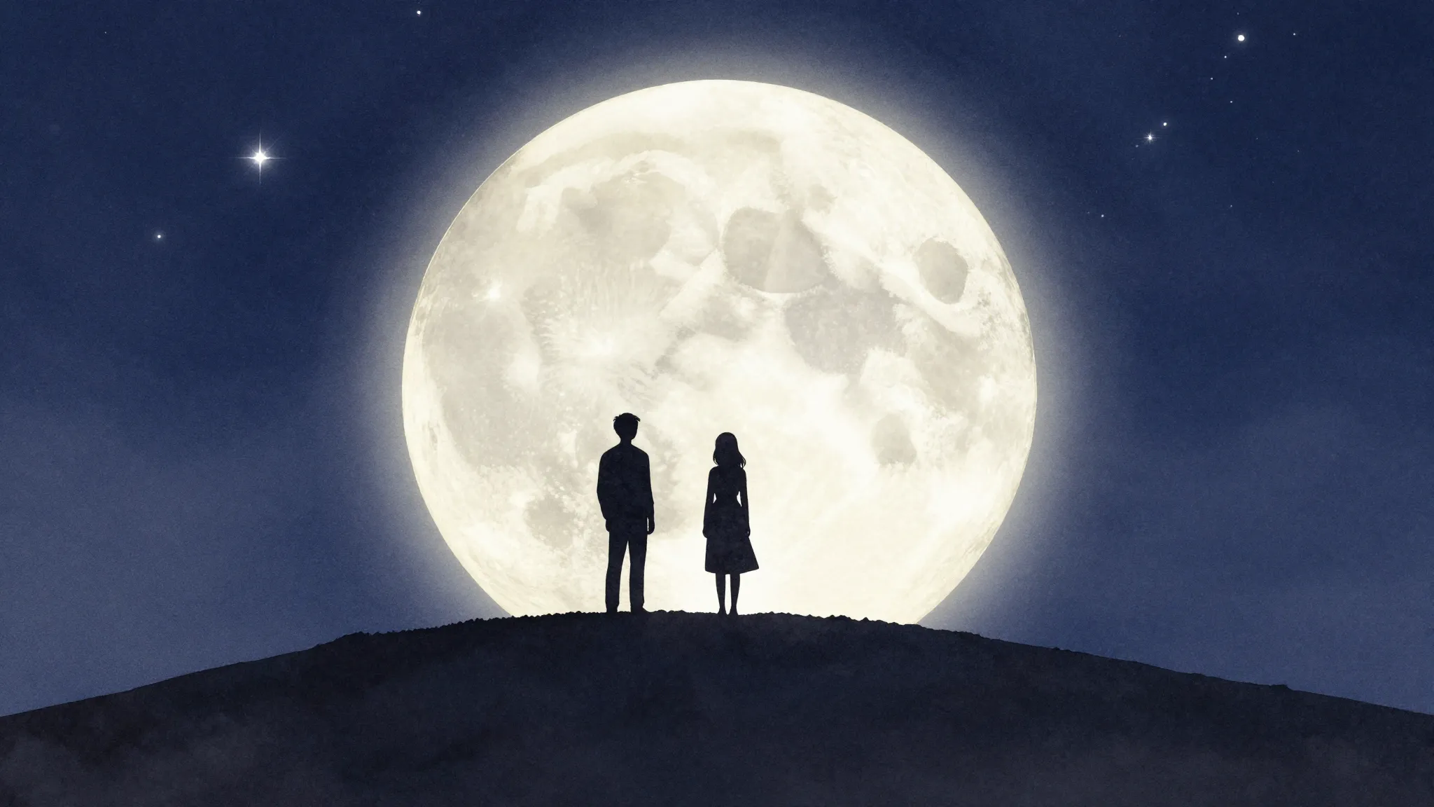 Watercolor style. A dark silhouette of two figures standing ...