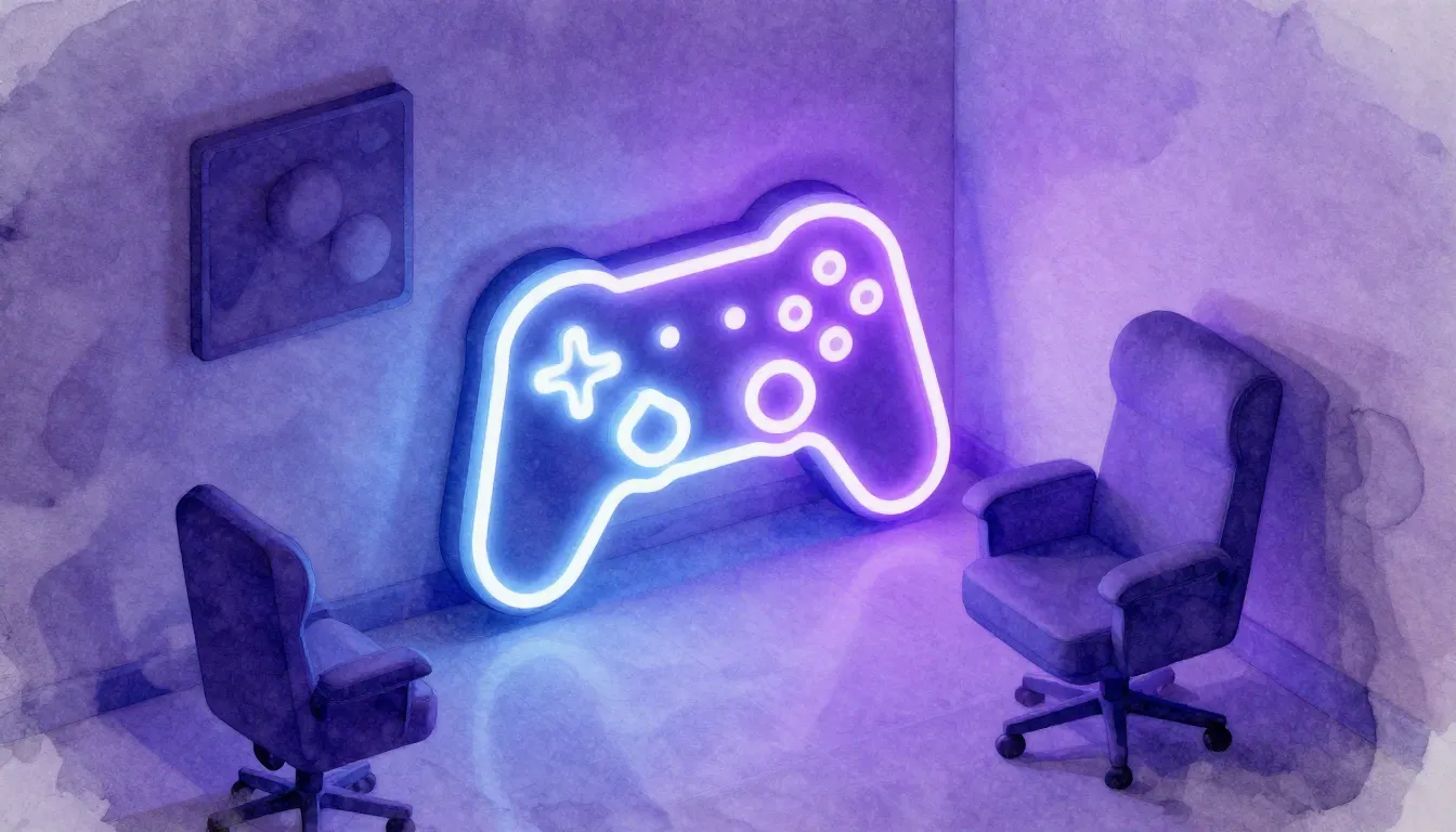 Watercolor style. Cozy gaming room corner with a glowing neo...