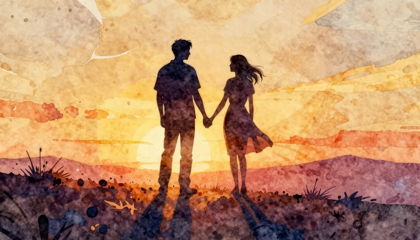 Watercolor style. A silhouette of a man standing on a sunlit...