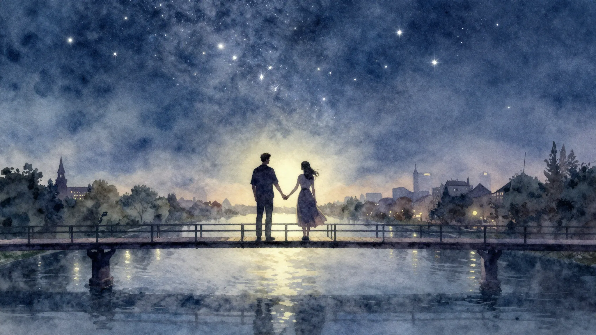 Watercolor style. Two silhouettes, a man and a woman, stand ...