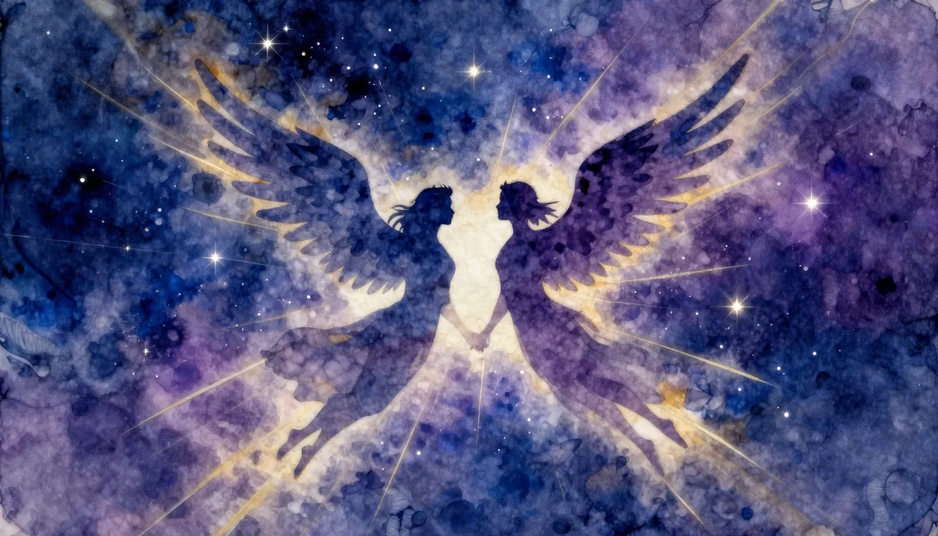 Vibrant watercolor style. Ethereal silhouette of two figures...