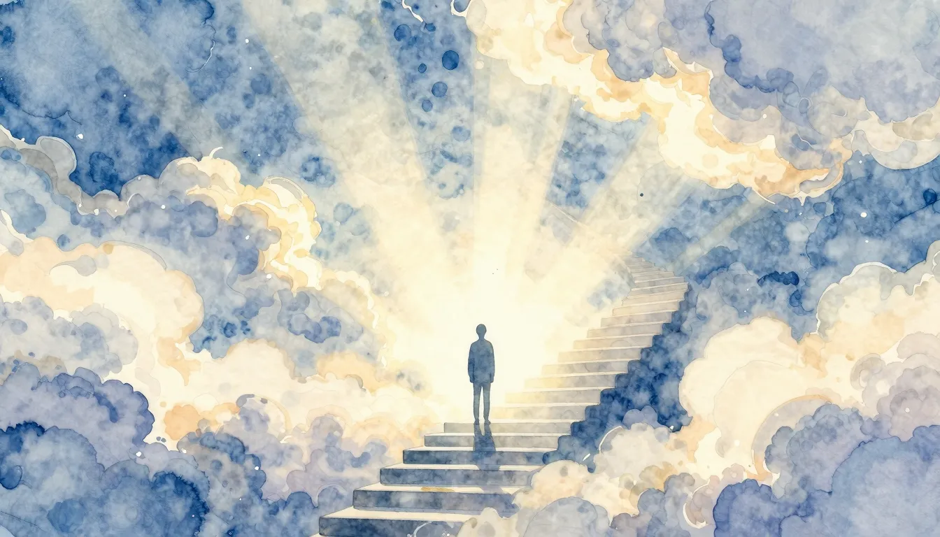 Watercolor style. A bright, ethereal staircase ascending int...