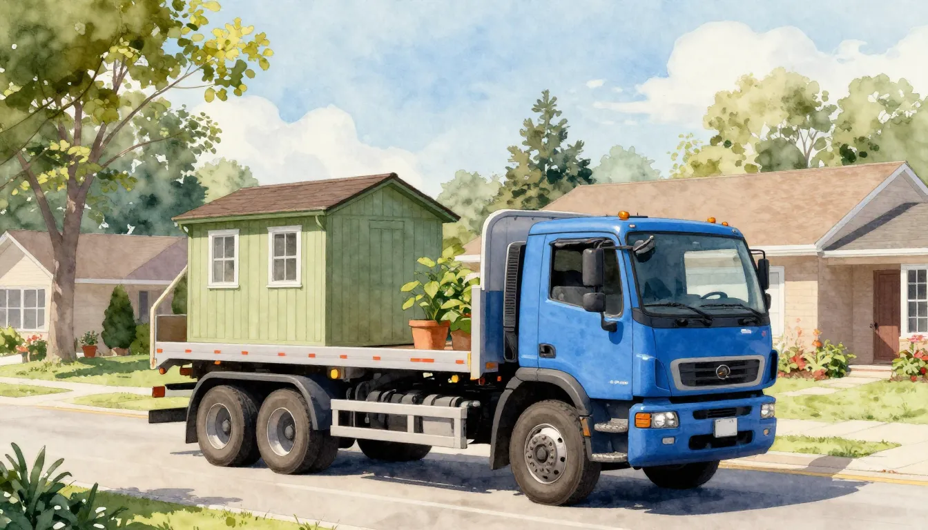 Watercolor style. A blue crane truck parked on a suburban ro...