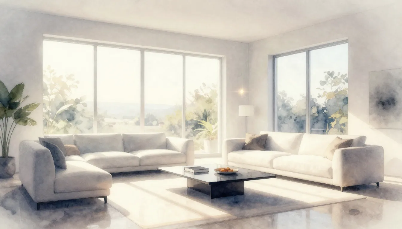 Watercolor style. Minimalist bright modern living room, sunl...