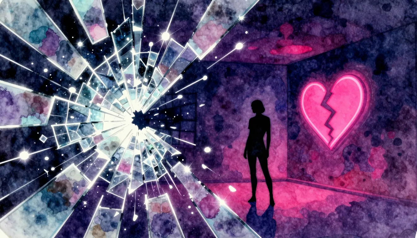 Vibrant watercolor style. Disco album cover. Neon glow, shat...