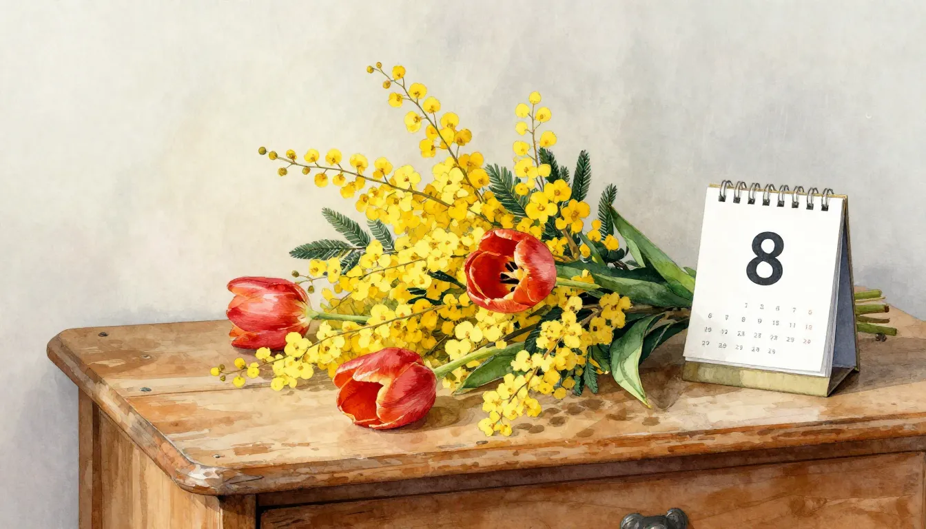 Watercolor style. A bouquet of yellow mimosa and red tulips ...