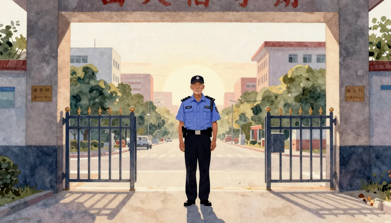 Watercolor style. Silhouette of an elderly man in a security...