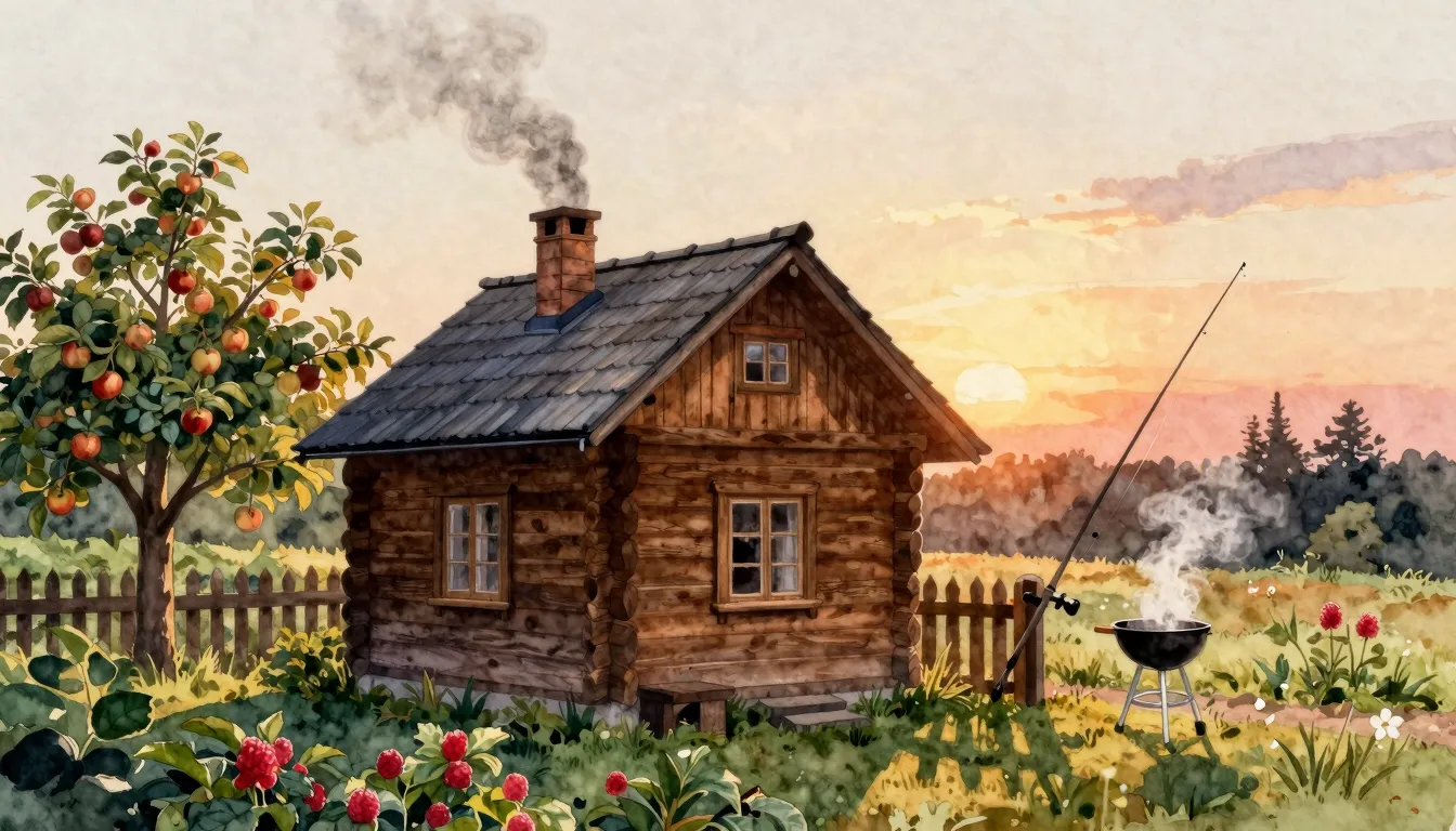 Watercolor style. A small wooden dacha house with a smoking ...