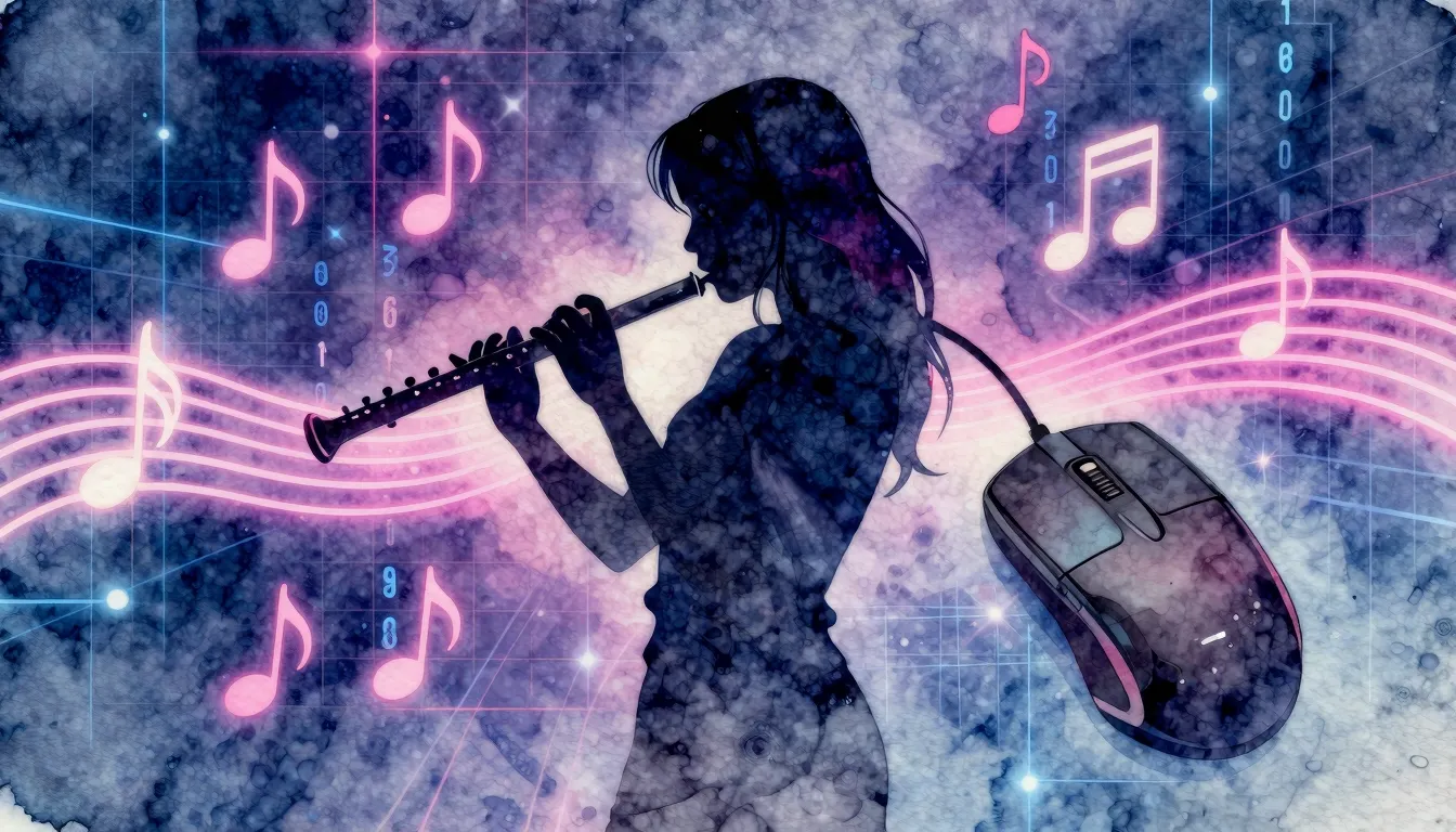 Watercolor style. A silhouette of a woman holding a flute an...