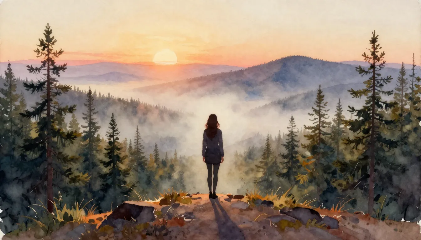 Watercolor style. Silhouette of a woman standing on a high h...