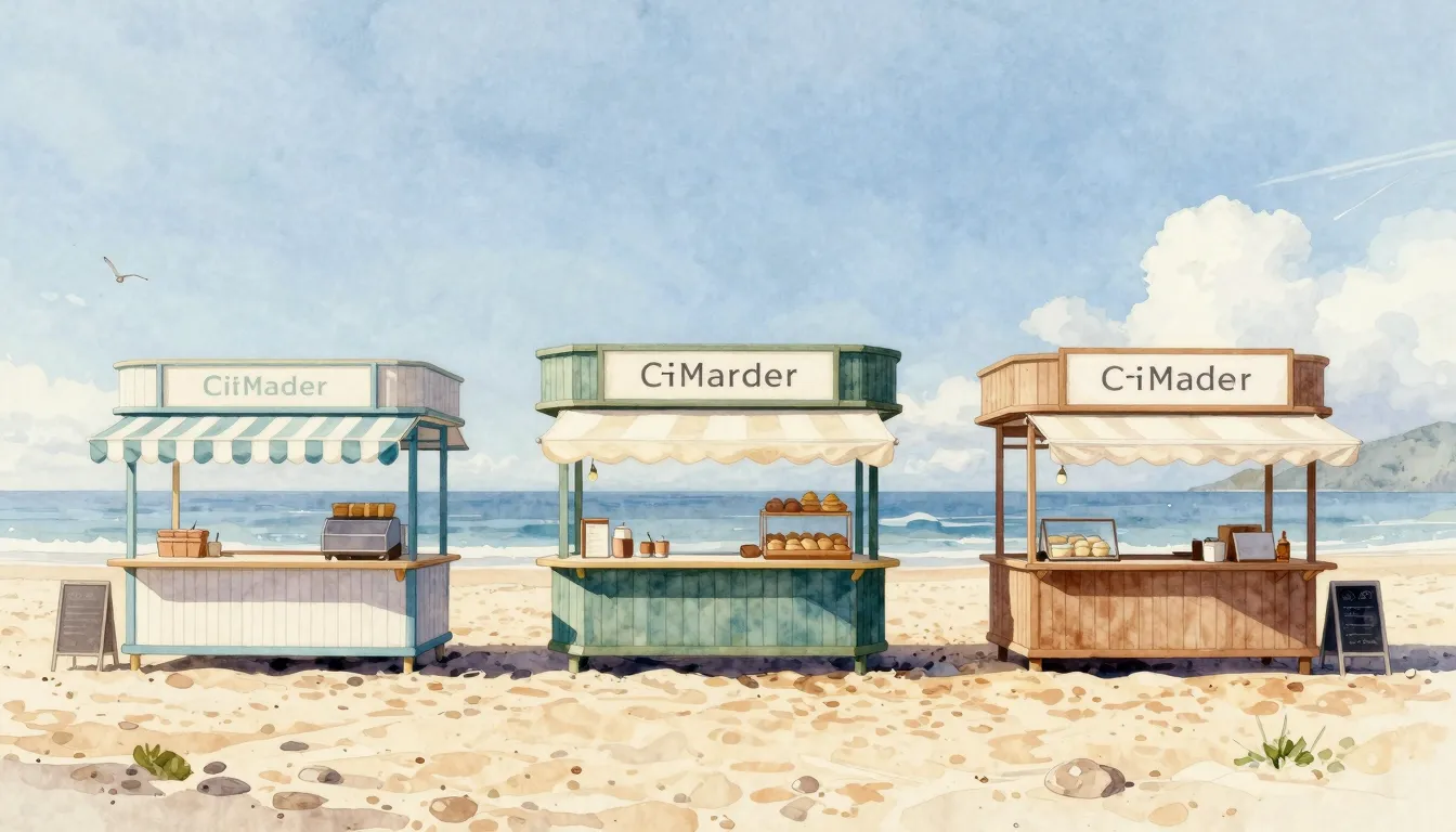 Watercolor style. Three stylish commercial food kiosks on a ...