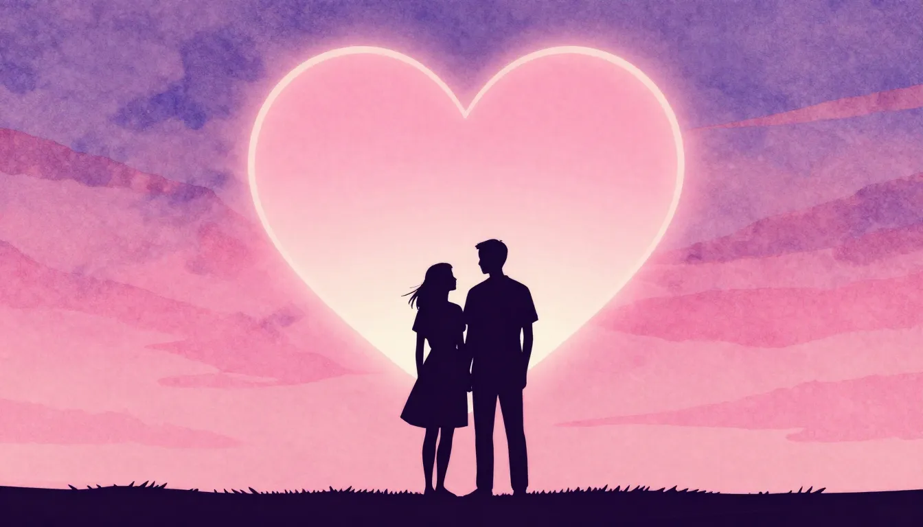 Watercolor style. Silhouette of a couple standing under a gi...