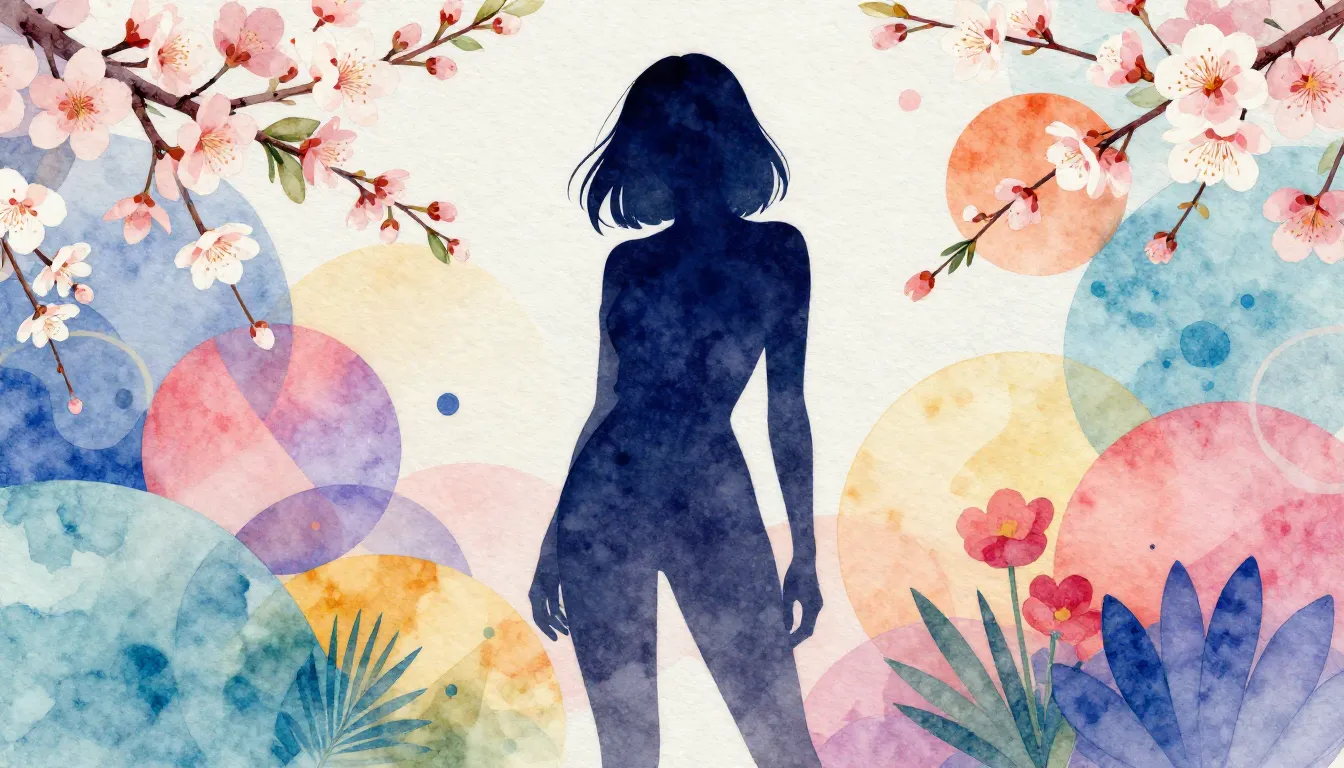 Watercolor style. Silhouette of a young woman standing confi...