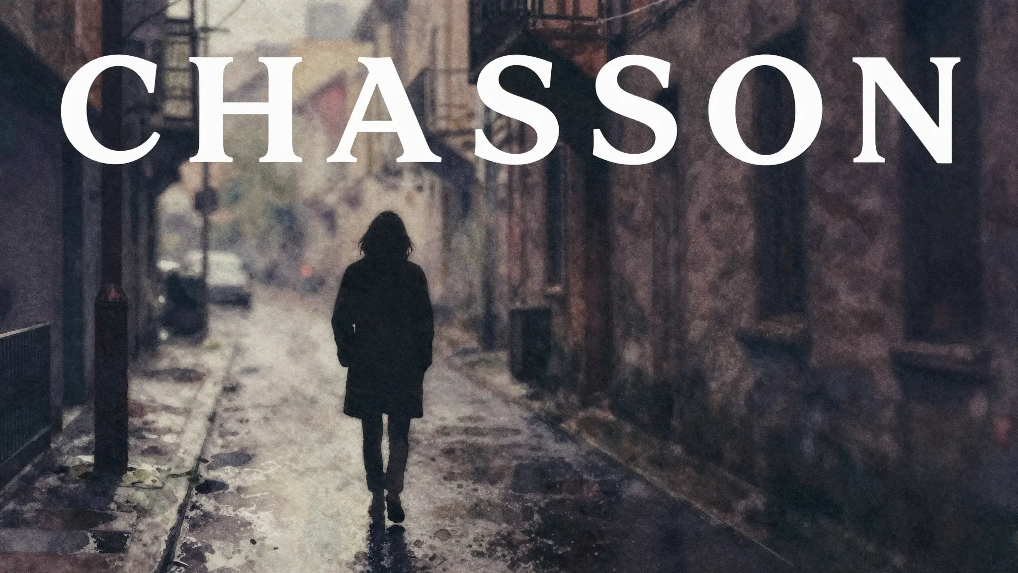 Vibrant watercolor style. Chanson album cover, a lone figure...