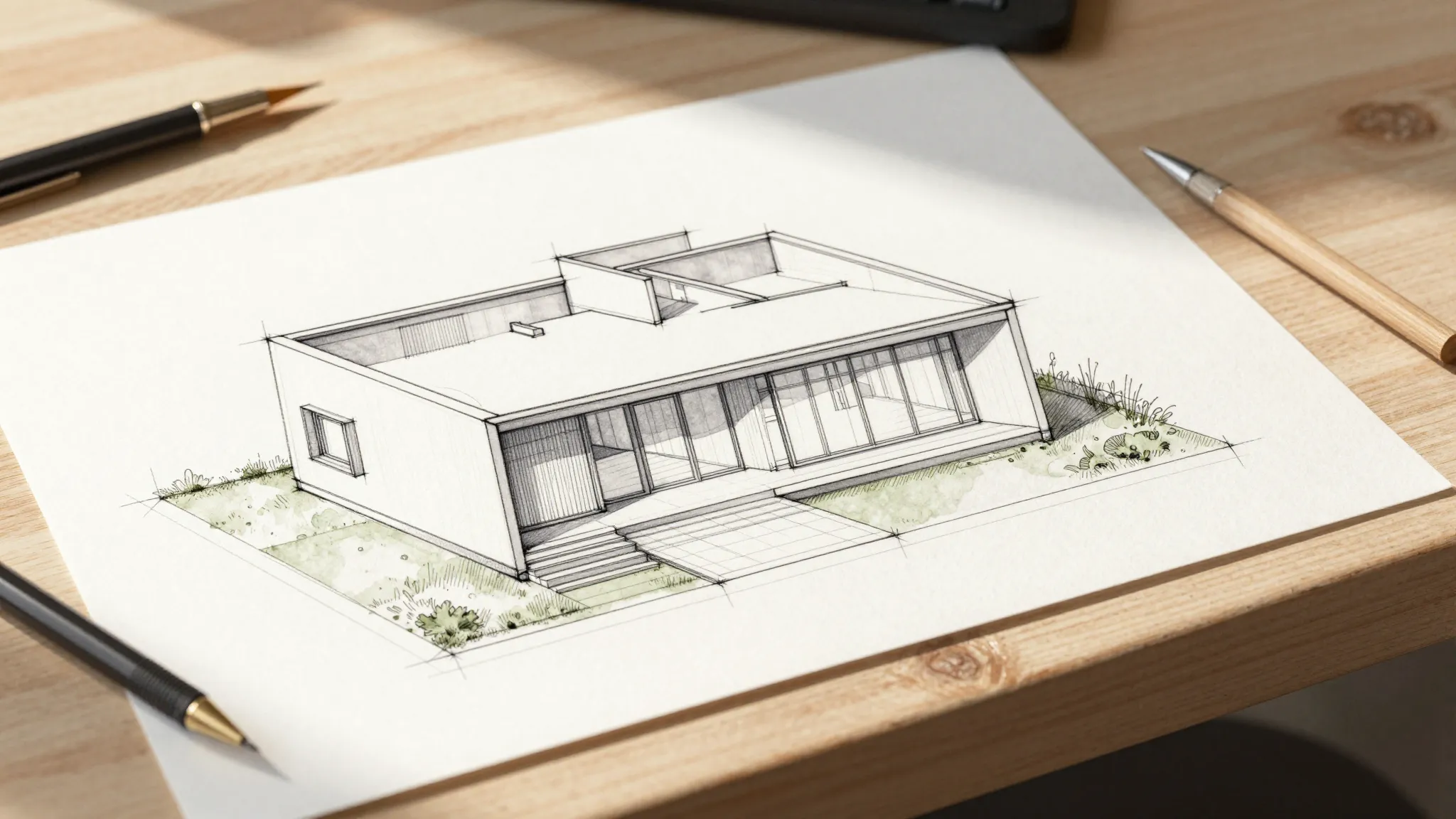 Watercolor style. Minimalist architectural sketch of a moder...