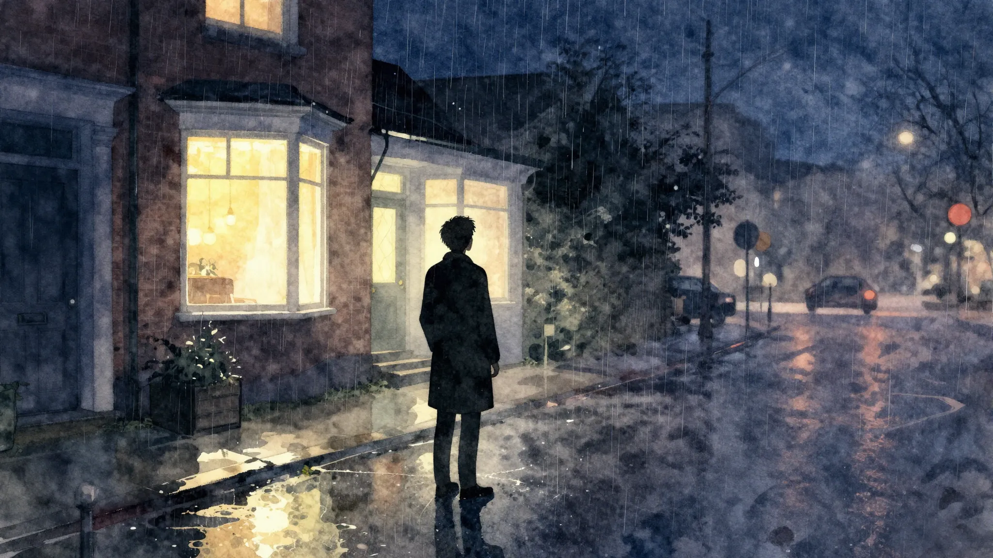 Watercolor style. A lonely silhouette stands on a city stree...