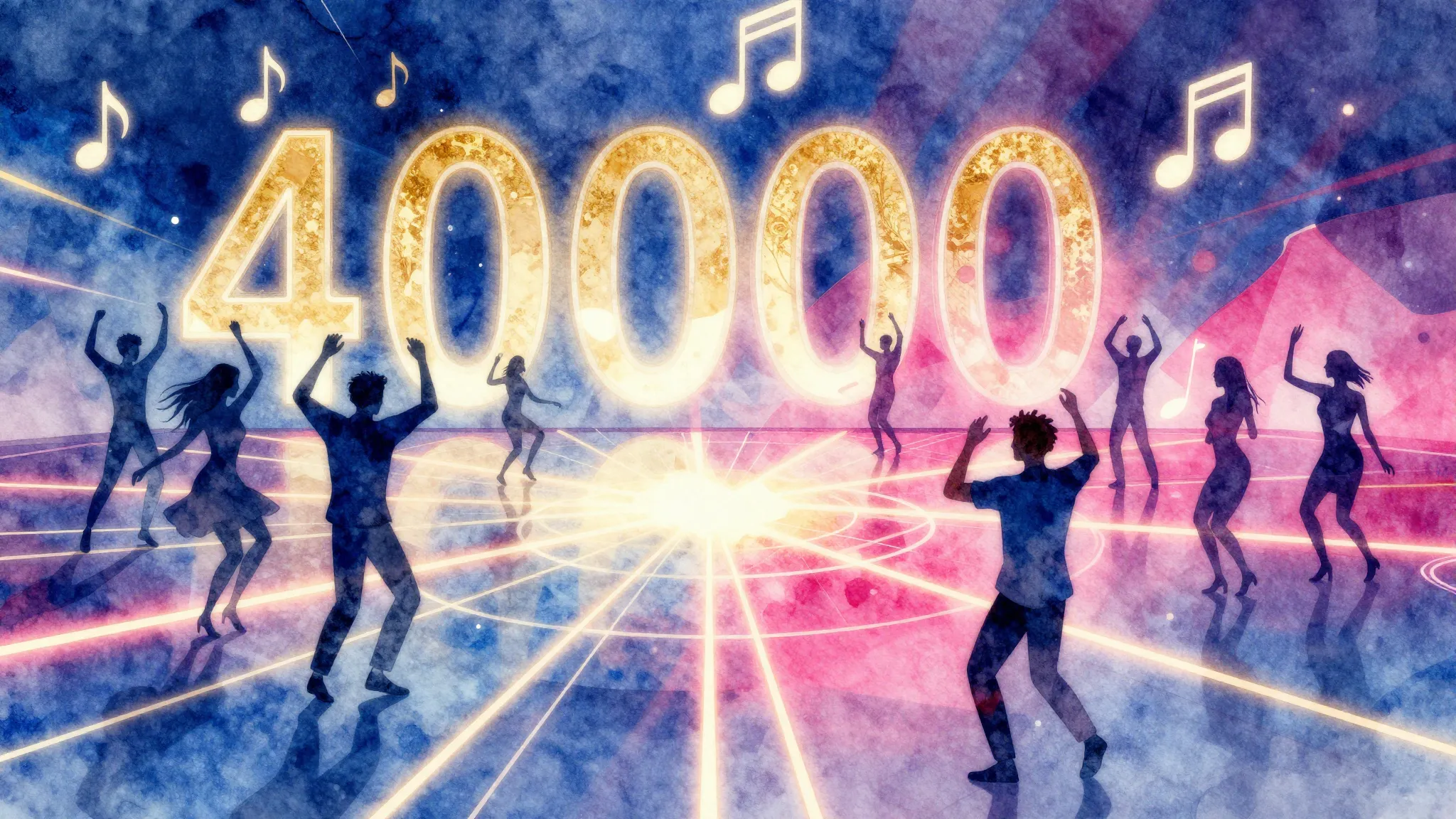 Watercolor style. A vibrant, abstract dance floor with glowi...