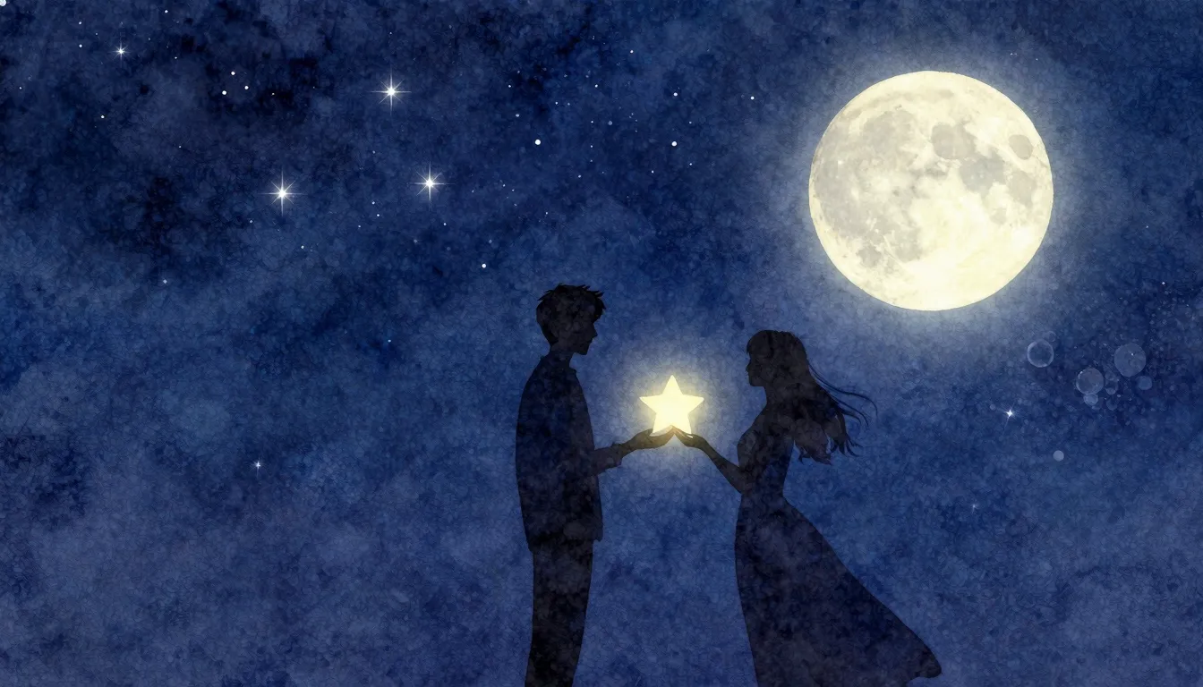 Watercolor style. A silhouette of a couple against a starry ...