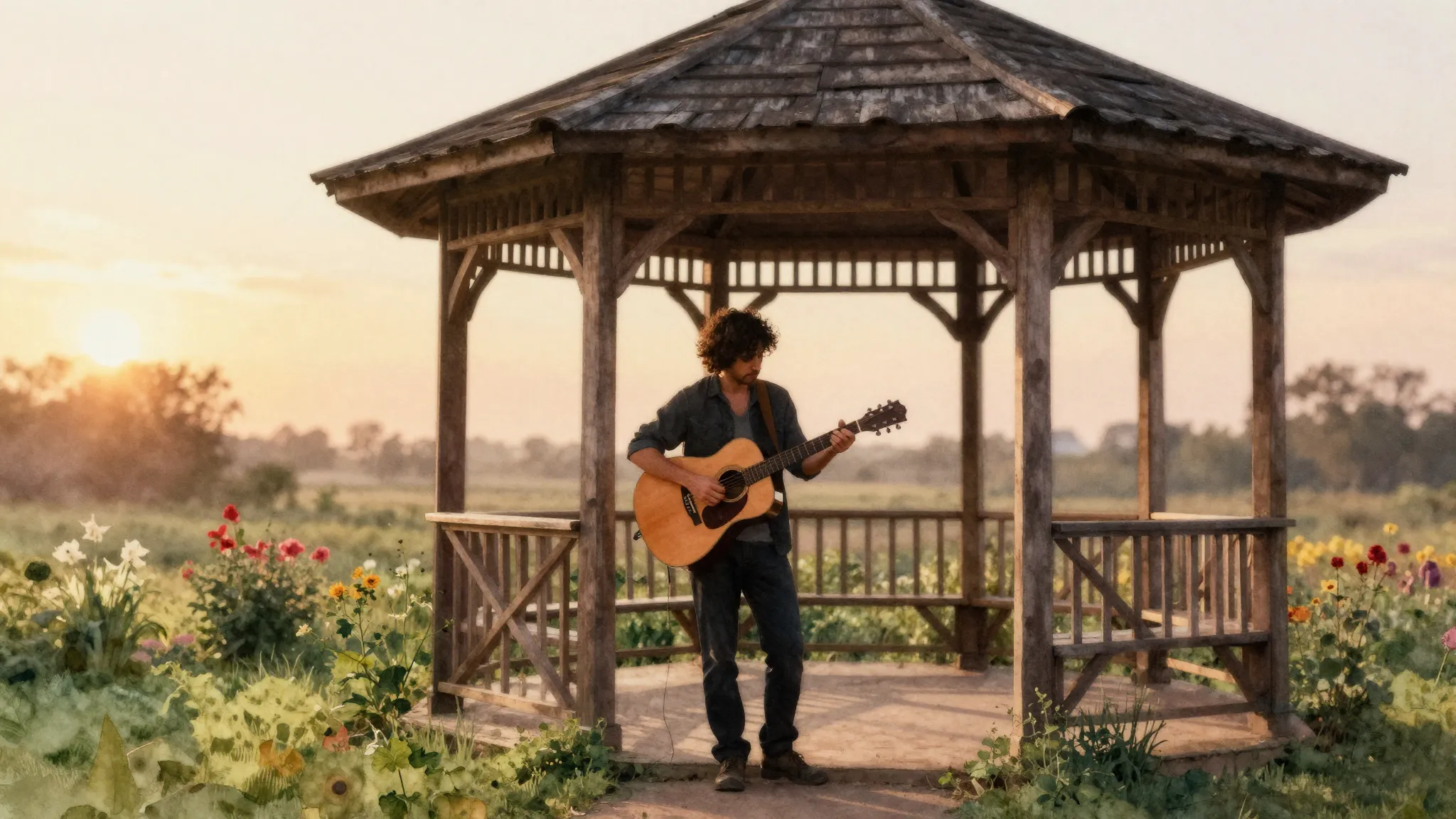 Watercolor style. Silhouette of a man with curly hair playin...