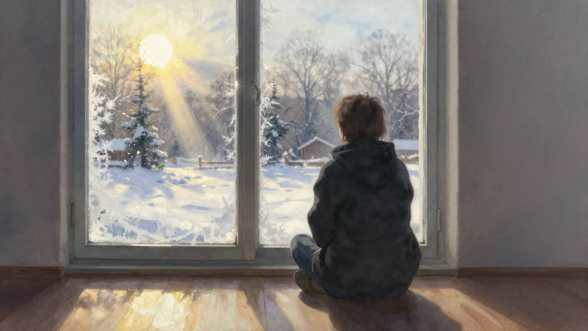 Watercolor style. A silhouette of a person looking out a fro...
