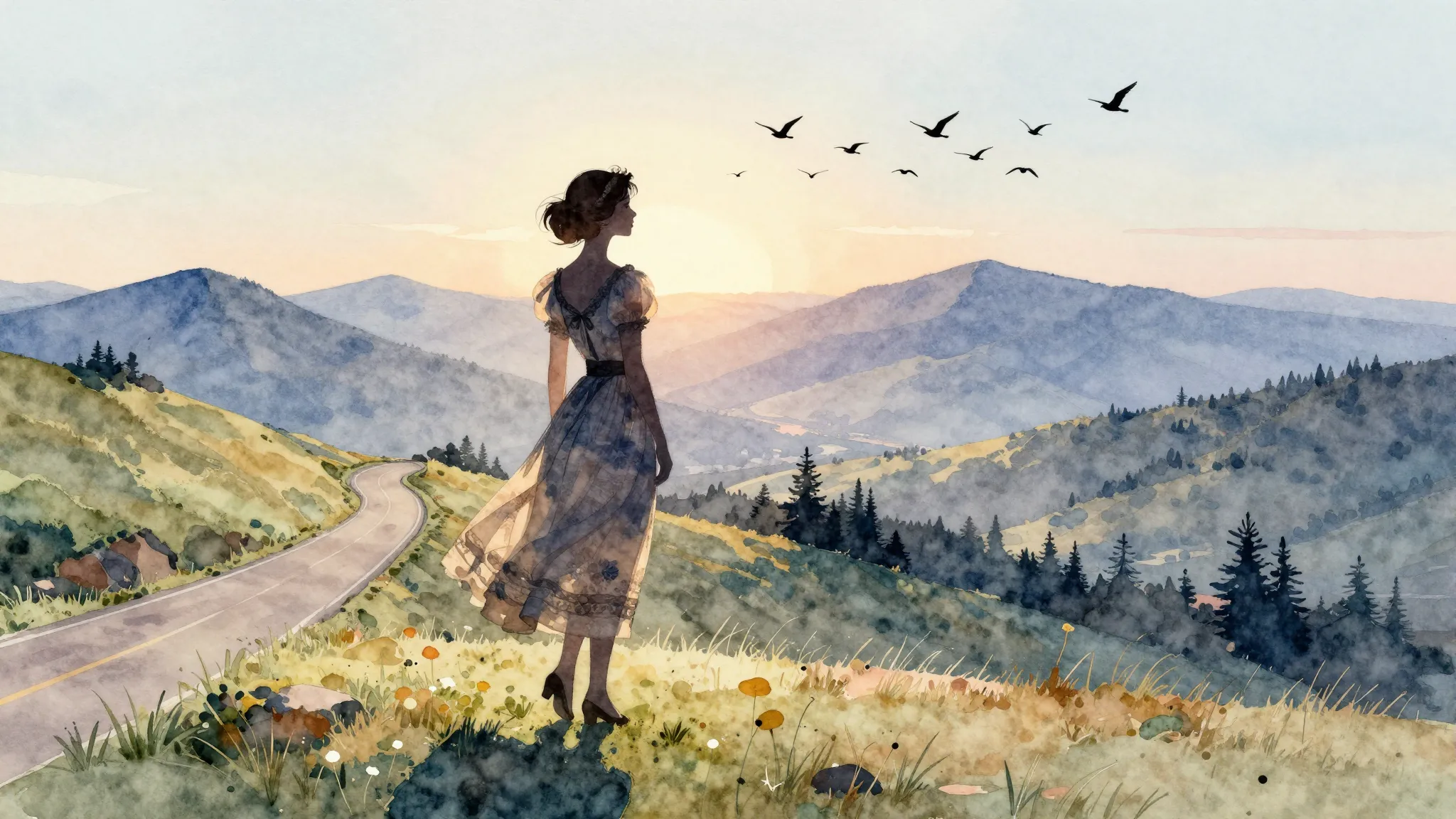 Watercolor style. A silhouette of an elegant woman in a vint...