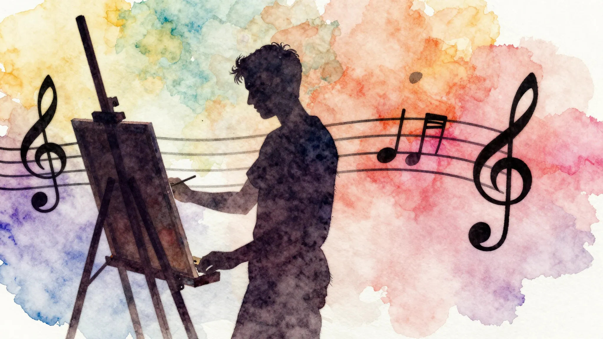 Watercolor style. A silhouette of a young artist standing be...