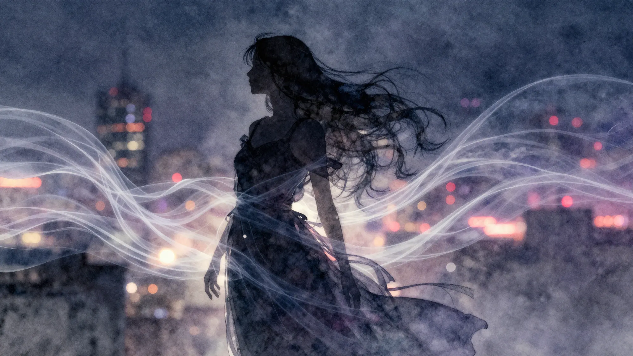 Watercolor style. A dark silhouette of a female figure amids...