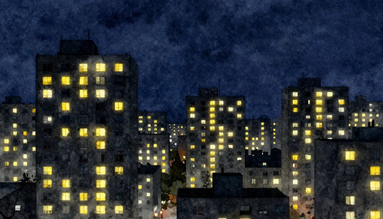 Watercolor style. A night cityscape with many glowing yellow...