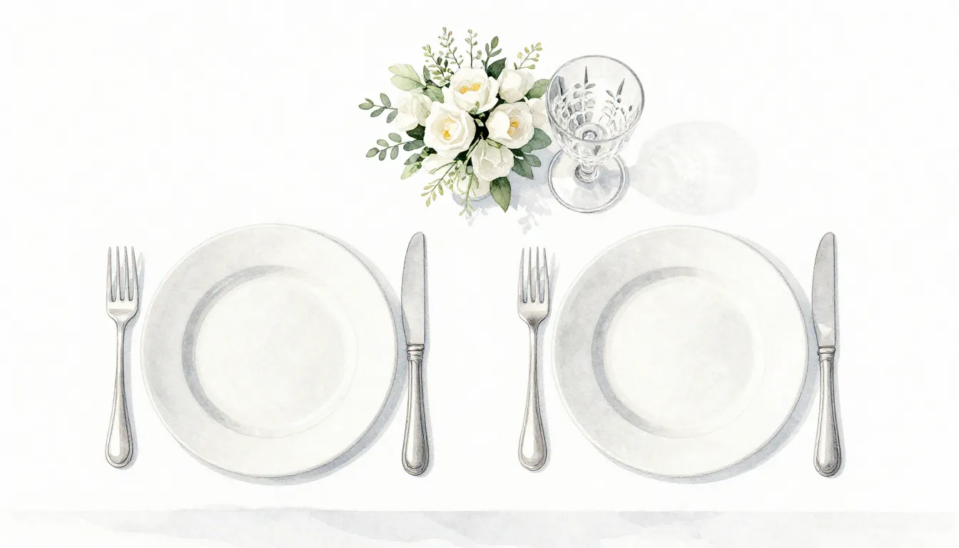 Watercolor style. Top-down view of a formal wedding table se...