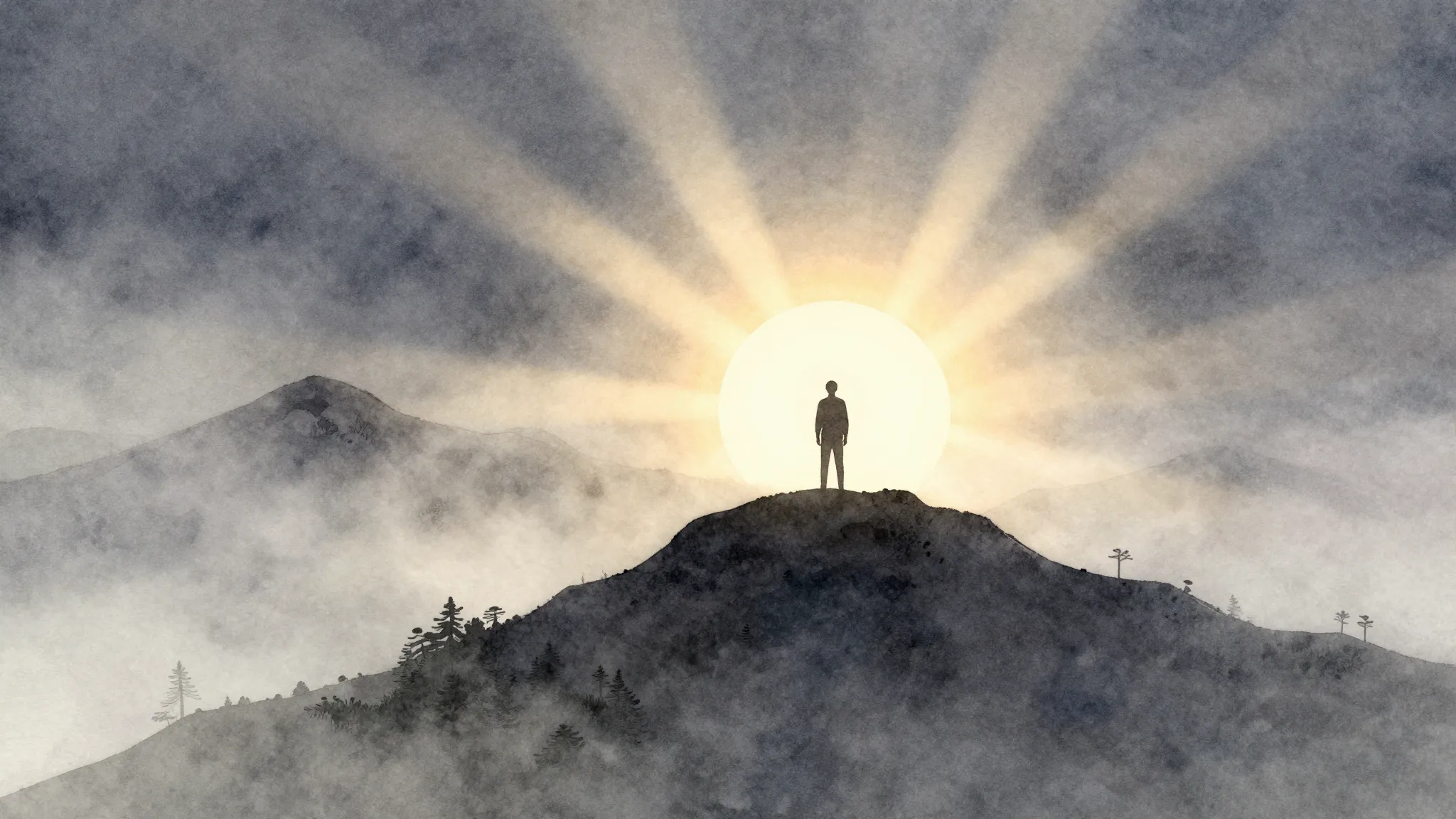 Watercolor style. Silhouette of a person standing on a mount...