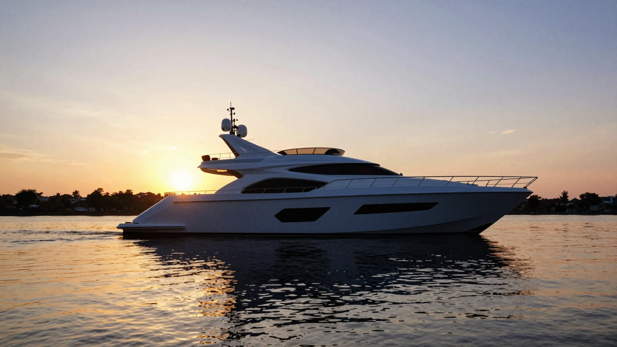 Watercolor style. Sleek modern yacht silhouette on a calm ri...