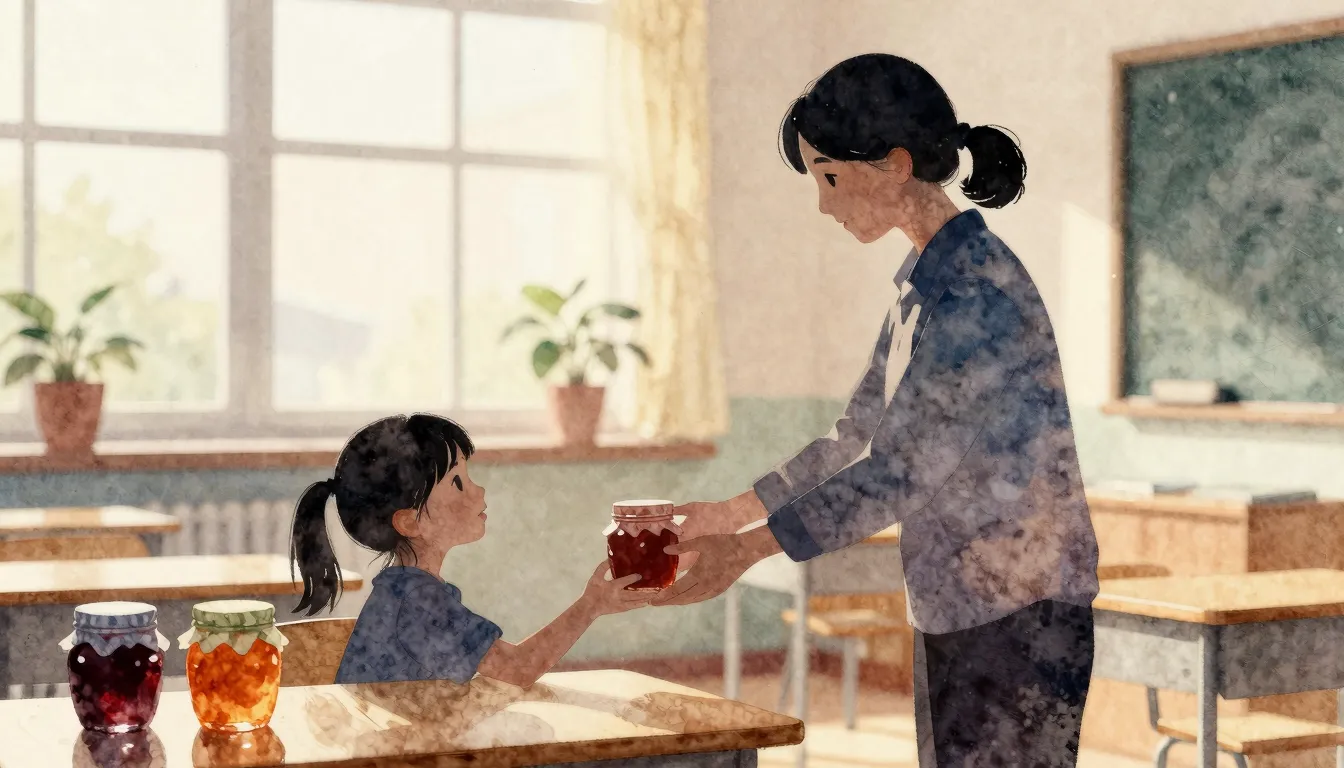 Watercolor style. Silhouette of a teacher handing a small ja...