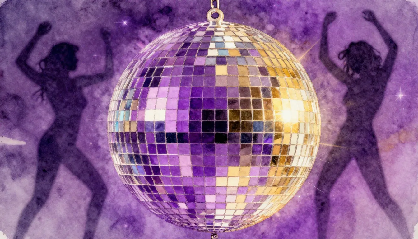 Watercolor style. Neon disco ball reflecting purple and gold...