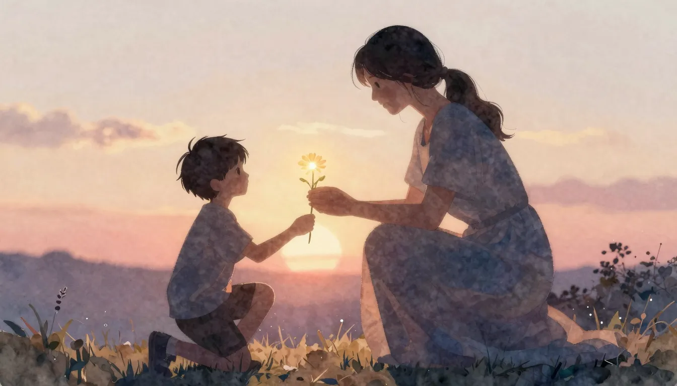 Watercolor style. A silhouette of a son kneeling before the ...