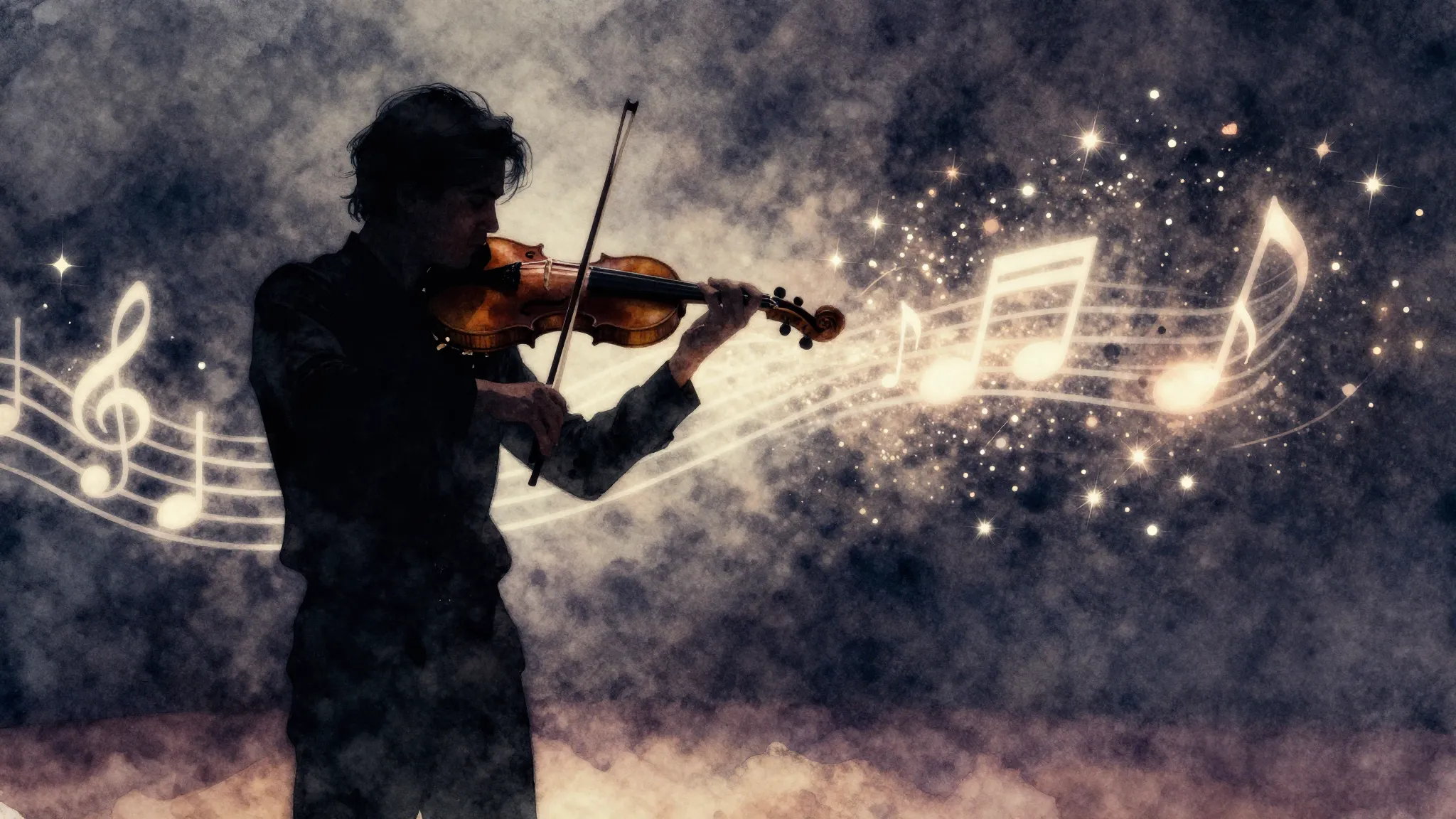 Watercolor style. A dark silhouette of a violinist performin...